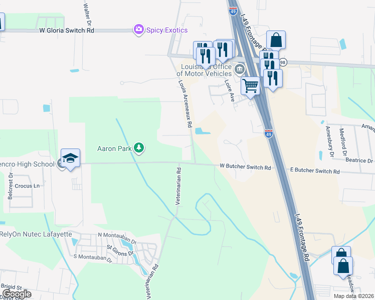 map of restaurants, bars, coffee shops, grocery stores, and more near 103 Ideal Street in Lafayette