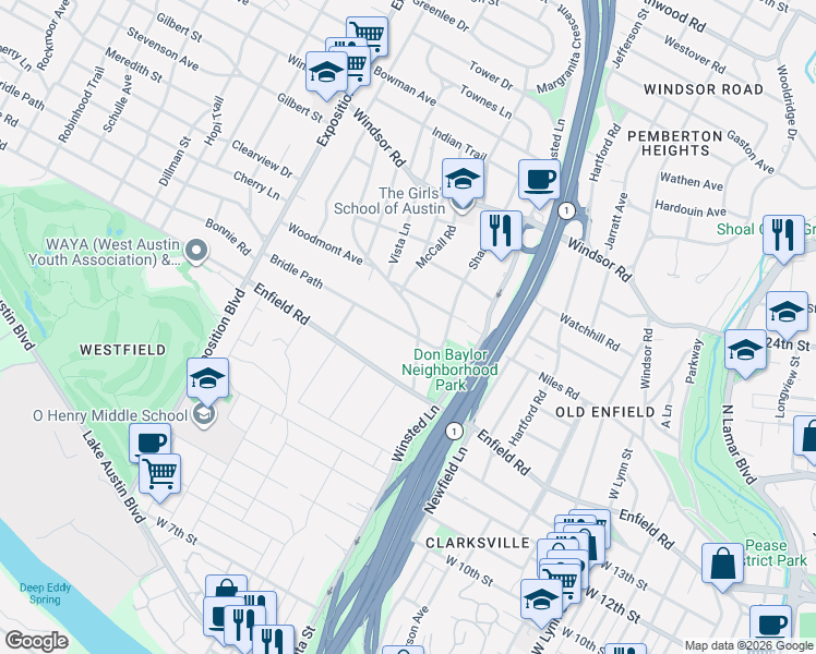 map of restaurants, bars, coffee shops, grocery stores, and more near 1600 Forest Trail in Austin