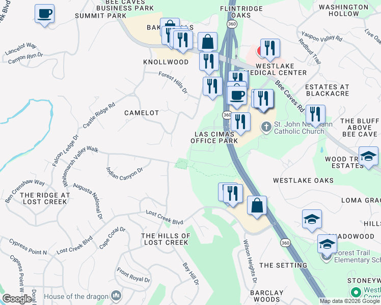 map of restaurants, bars, coffee shops, grocery stores, and more near 894 Las Cimas Parkway in Austin