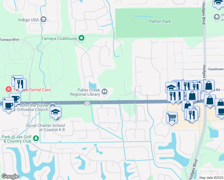 map of restaurants, bars, coffee shops, grocery stores, and more near 13301 Beach Boulevard in Jacksonville