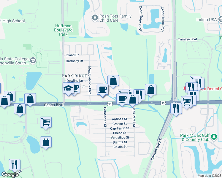 map of restaurants, bars, coffee shops, grocery stores, and more near 12171 Beach Boulevard in Jacksonville