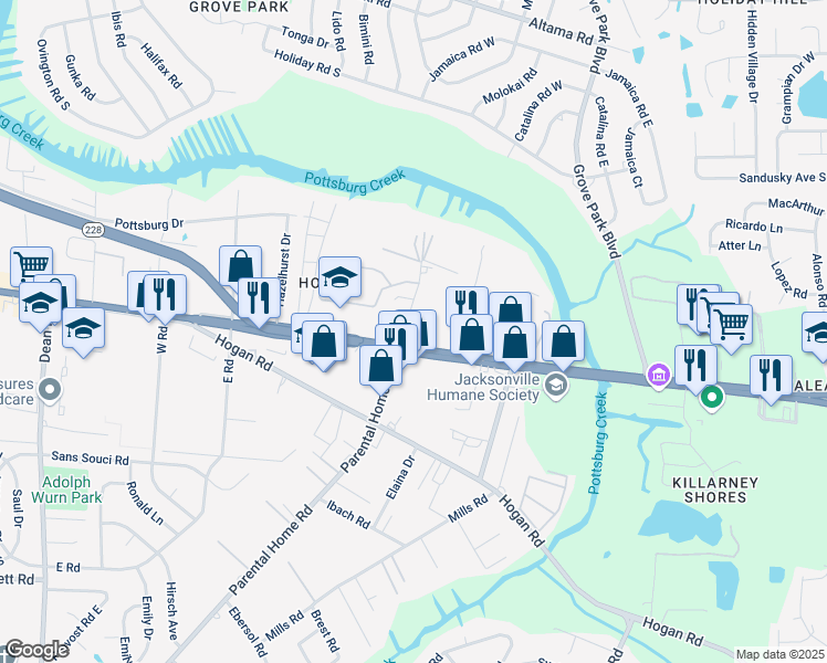 map of restaurants, bars, coffee shops, grocery stores, and more near 1511 Parental Home Road in Jacksonville