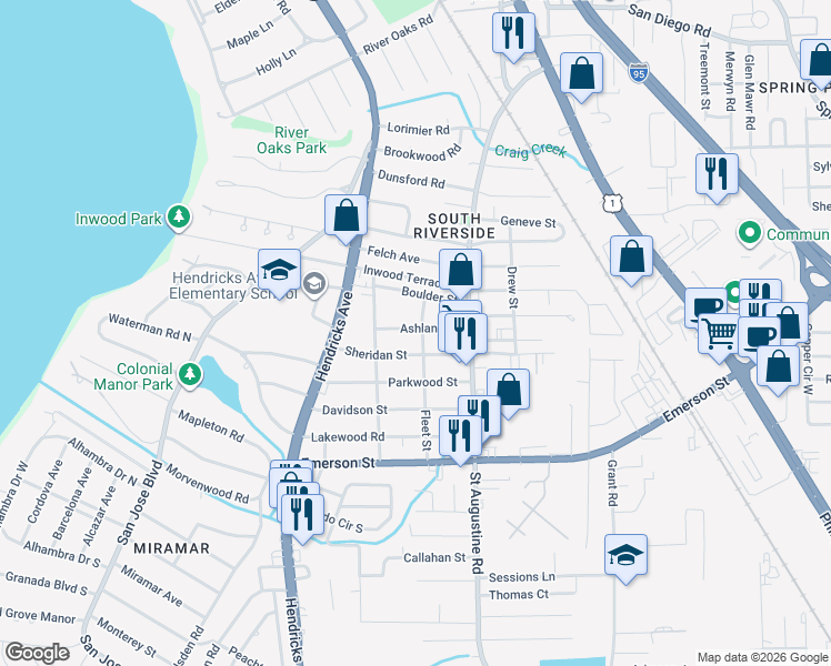 map of restaurants, bars, coffee shops, grocery stores, and more near 1647 Ashland Street in Jacksonville
