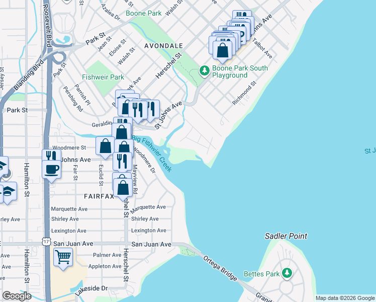 map of restaurants, bars, coffee shops, grocery stores, and more near 1928 Morningside Street in Jacksonville