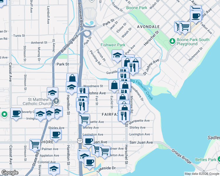 map of restaurants, bars, coffee shops, grocery stores, and more near 4255 Woodmere Street in Jacksonville