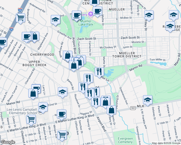 map of restaurants, bars, coffee shops, grocery stores, and more near 1924 East 38th 1/2 Street in Austin