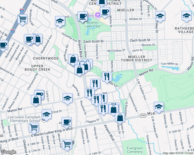 map of restaurants, bars, coffee shops, grocery stores, and more near 1924 East 38th 1/2 Street in Austin