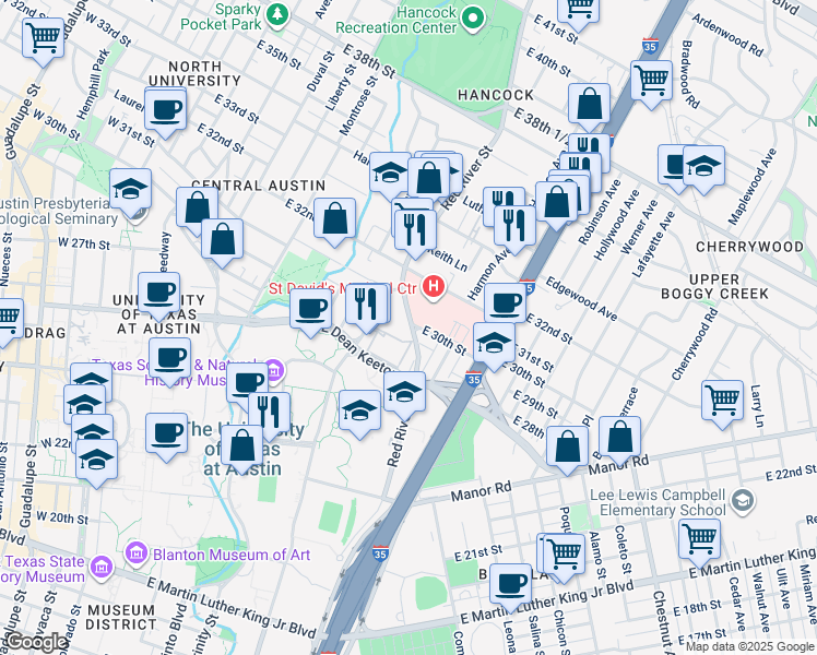 map of restaurants, bars, coffee shops, grocery stores, and more near 900 East 30th Street in Austin
