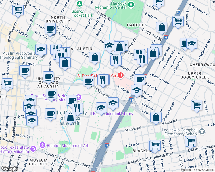 map of restaurants, bars, coffee shops, grocery stores, and more near 3001 Medical Arts Street in Austin