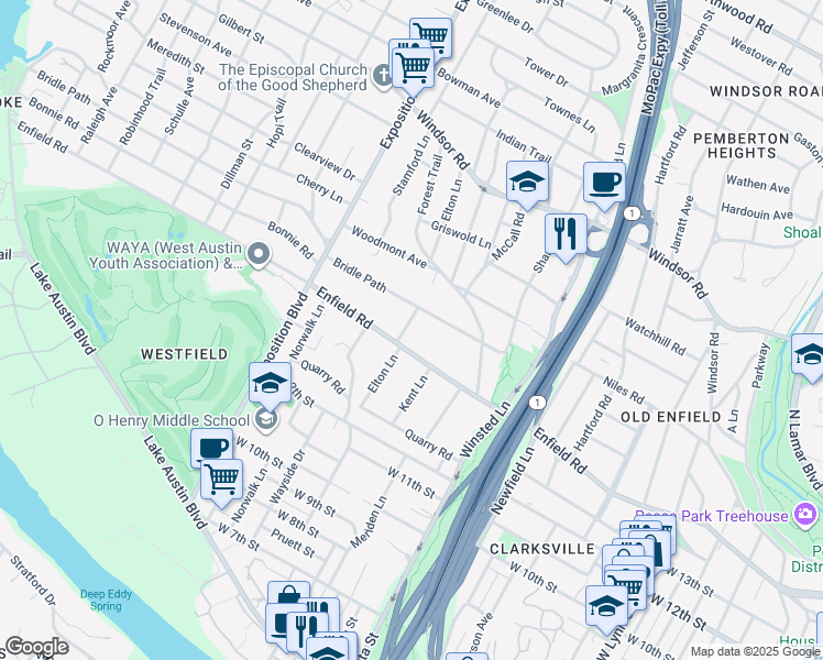 map of restaurants, bars, coffee shops, grocery stores, and more near 2405 Bridle Path in Austin