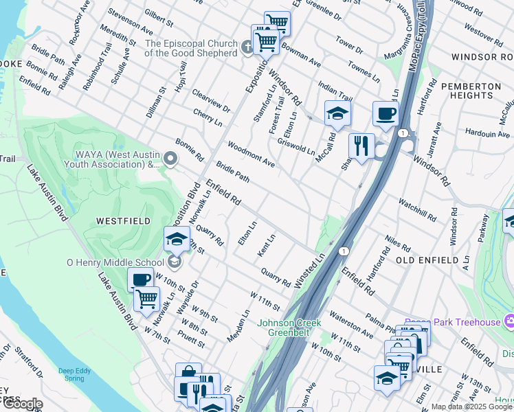 map of restaurants, bars, coffee shops, grocery stores, and more near 2405 Bridle Path in Austin