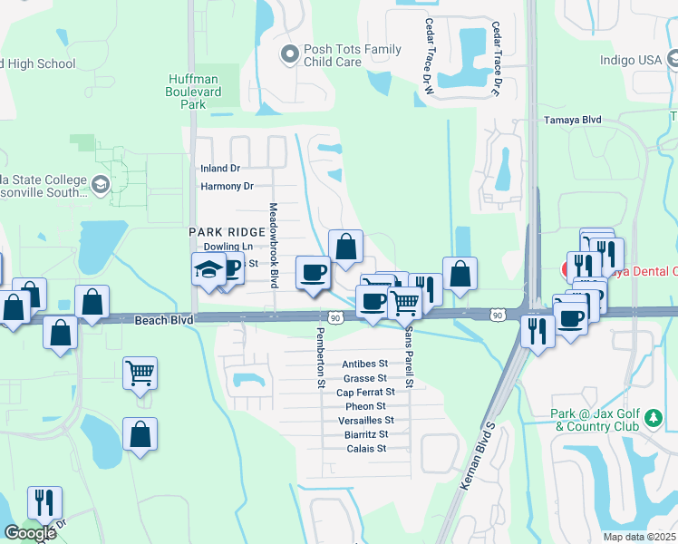 map of restaurants, bars, coffee shops, grocery stores, and more near 12171 Beach Boulevard in Jacksonville