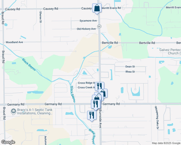 map of restaurants, bars, coffee shops, grocery stores, and more near 15155-14B Louisiana 44 in Gonzales