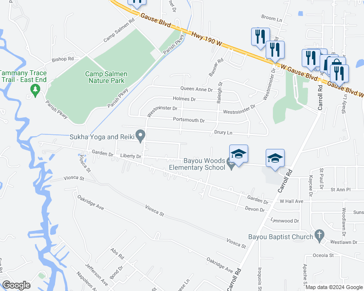 map of restaurants, bars, coffee shops, grocery stores, and more near 35474 Melody Lane in Slidell