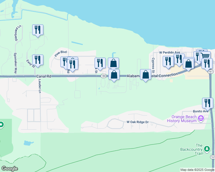 map of restaurants, bars, coffee shops, grocery stores, and more near 25038 Canal Road in Orange Beach