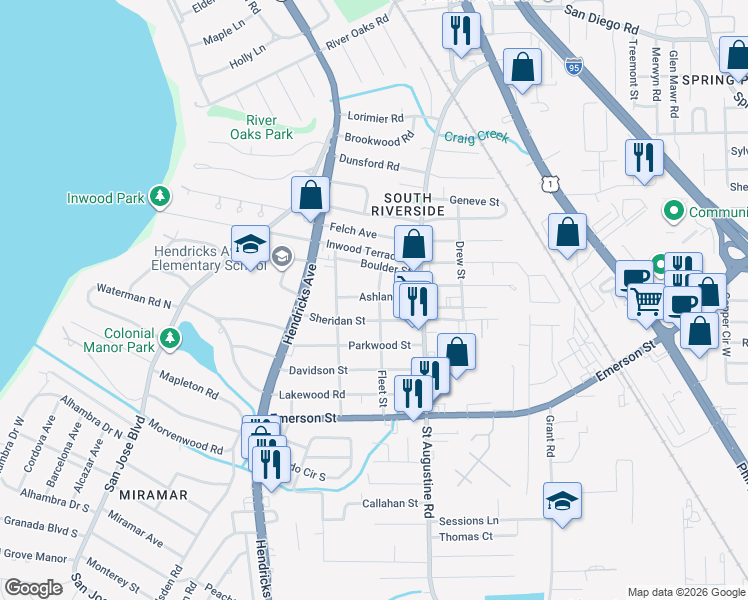 map of restaurants, bars, coffee shops, grocery stores, and more near 1647 Ashland Street in Jacksonville
