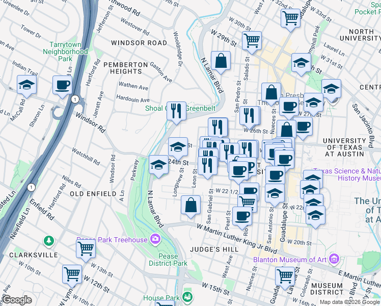 map of restaurants, bars, coffee shops, grocery stores, and more near 2408 Leon Street in Austin