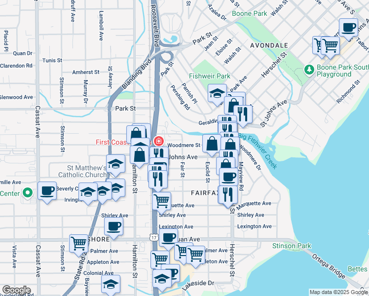 map of restaurants, bars, coffee shops, grocery stores, and more near 4341 Woodmere Street in Jacksonville