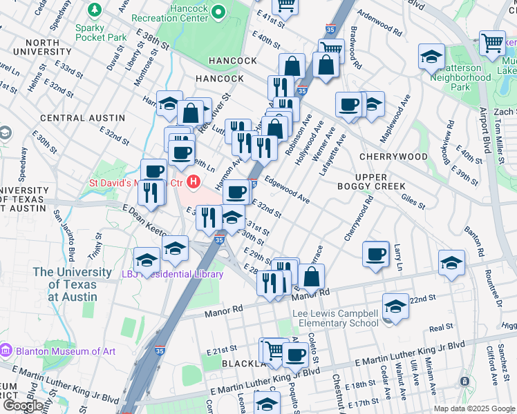 map of restaurants, bars, coffee shops, grocery stores, and more near 1100 East 32nd Street in Austin
