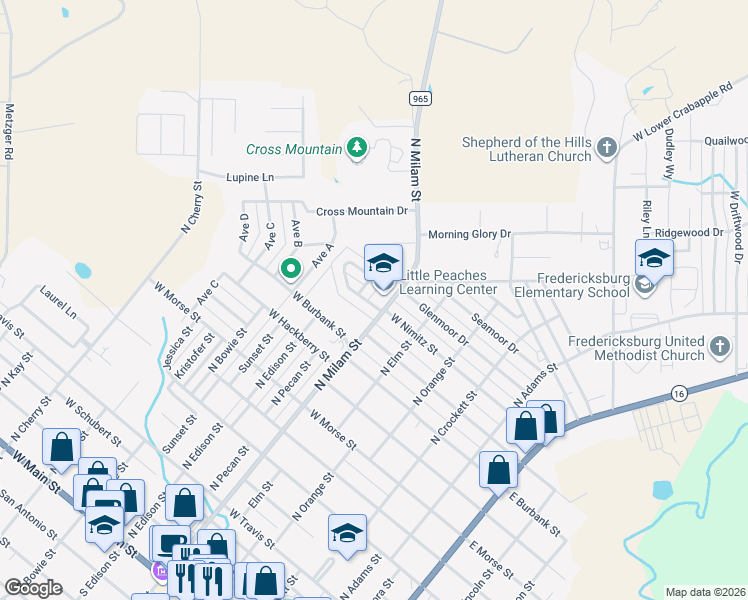 map of restaurants, bars, coffee shops, grocery stores, and more near 1208 North Milam Street in Fredericksburg