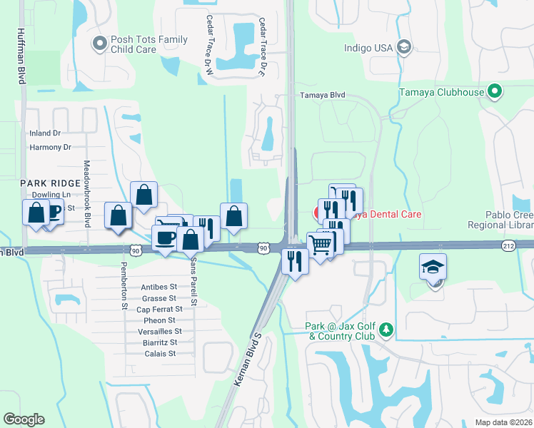 map of restaurants, bars, coffee shops, grocery stores, and more near 12517 Beach Boulevard in Jacksonville