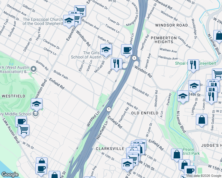 map of restaurants, bars, coffee shops, grocery stores, and more near 1702 Winsted Lane in Austin
