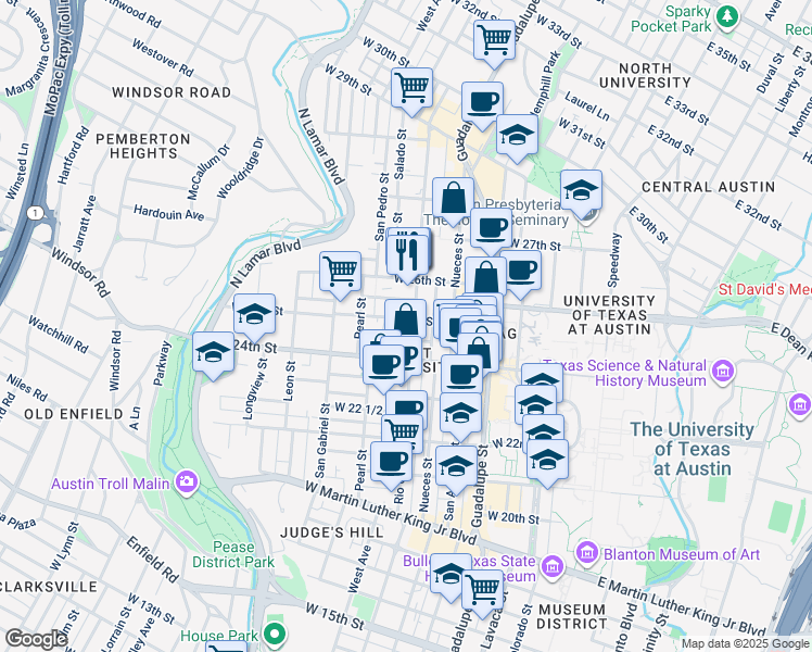 map of restaurants, bars, coffee shops, grocery stores, and more near 701 West 25th Street in Austin