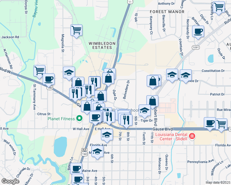 map of restaurants, bars, coffee shops, grocery stores, and more near 650 Dale Drive in Slidell