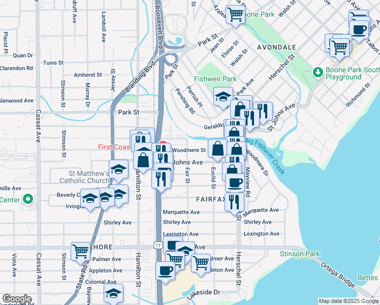 map of restaurants, bars, coffee shops, grocery stores, and more near 4341 Woodmere Street in Jacksonville