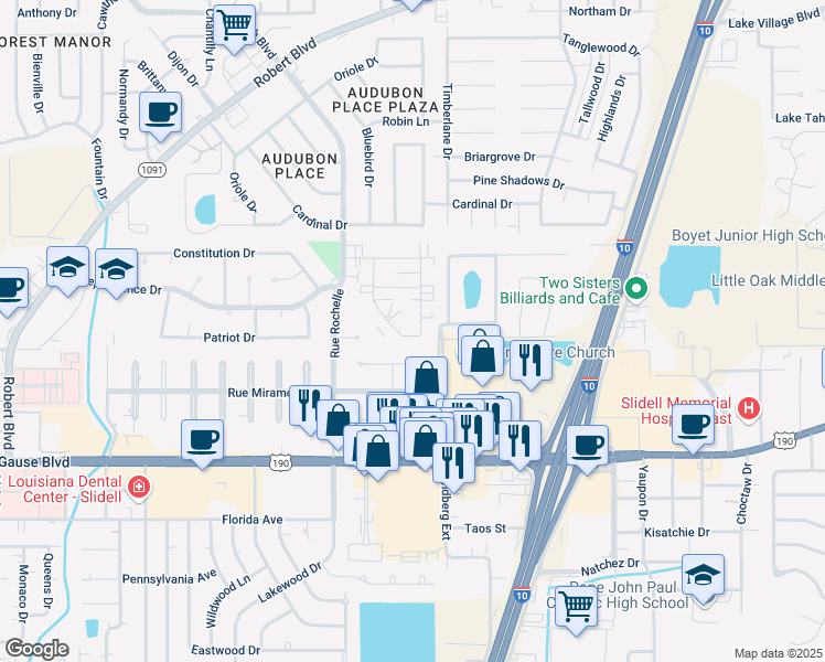 map of restaurants, bars, coffee shops, grocery stores, and more near 821 Asheville Drive in Slidell