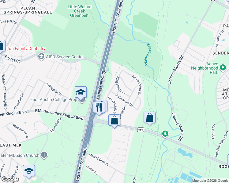 map of restaurants, bars, coffee shops, grocery stores, and more near 5307 King Charles Drive in Austin