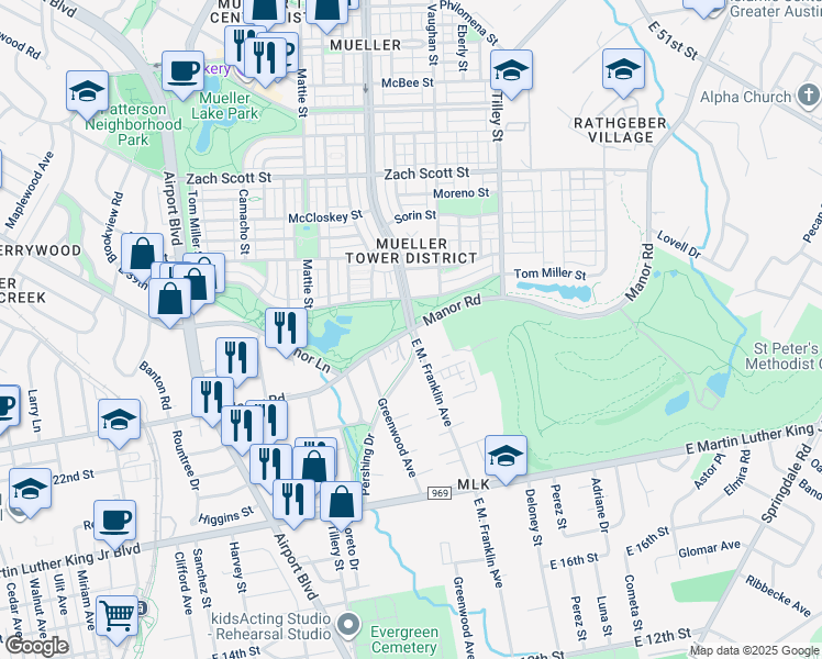 map of restaurants, bars, coffee shops, grocery stores, and more near 4305 Manor Road in Austin