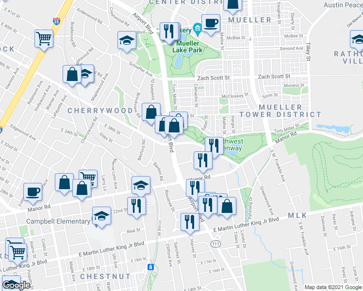 map of restaurants, bars, coffee shops, grocery stores, and more near 3851 Airport Boulevard in Austin