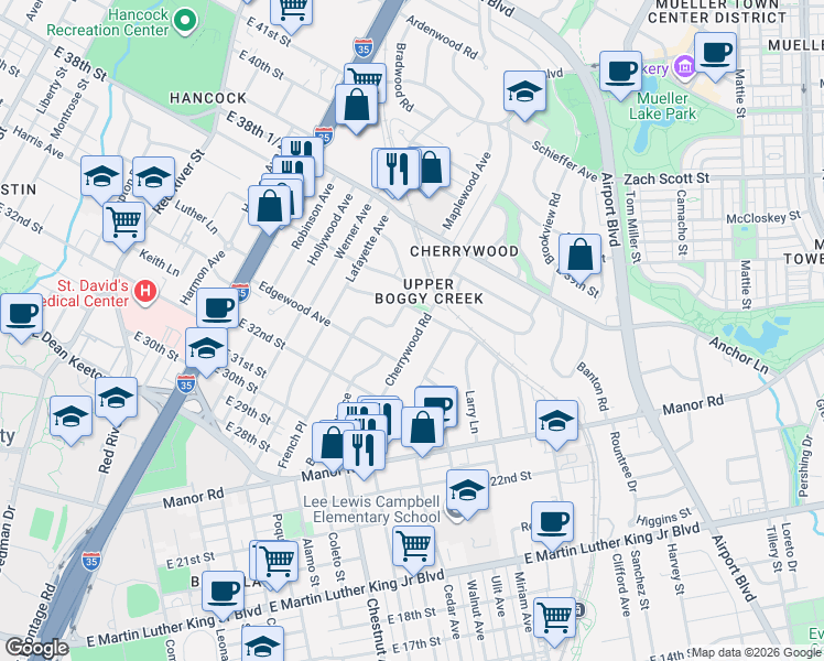 map of restaurants, bars, coffee shops, grocery stores, and more near 17 Kern Ramble Street in Austin