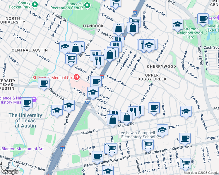 map of restaurants, bars, coffee shops, grocery stores, and more near 3210 Dancy Street in Austin