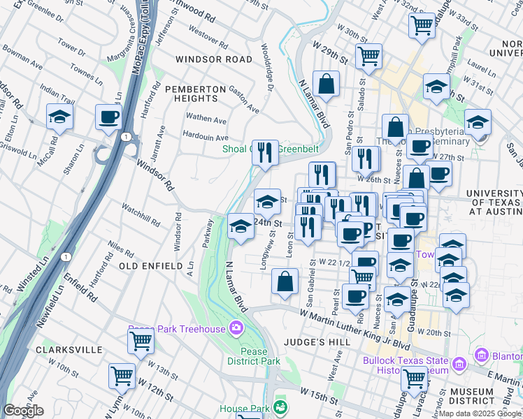 map of restaurants, bars, coffee shops, grocery stores, and more near 2500 Longview Street in Austin