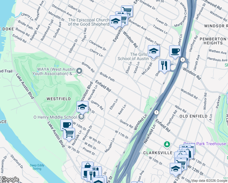 map of restaurants, bars, coffee shops, grocery stores, and more near 2405 Bridle Path in Austin