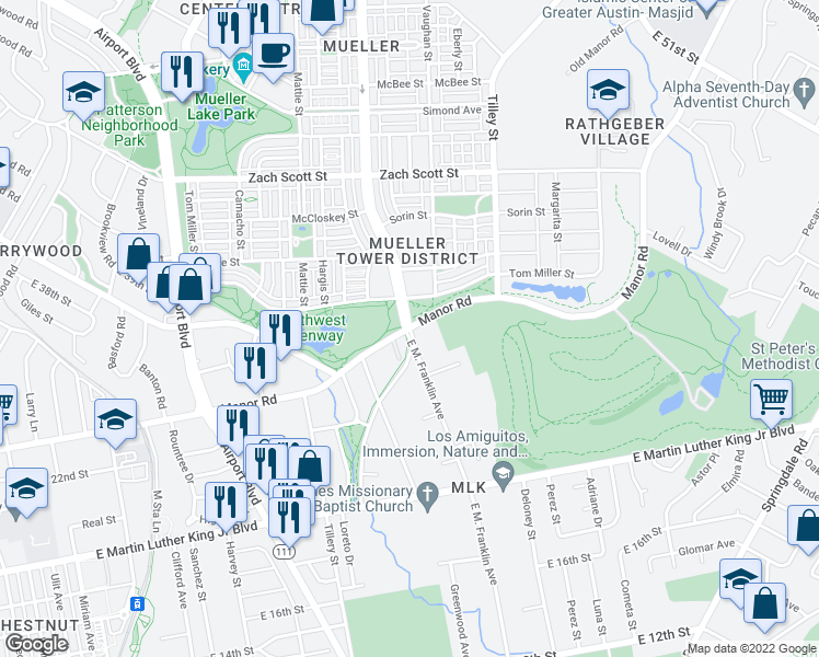 map of restaurants, bars, coffee shops, grocery stores, and more near Manor Rd & Berkman Dr in Austin