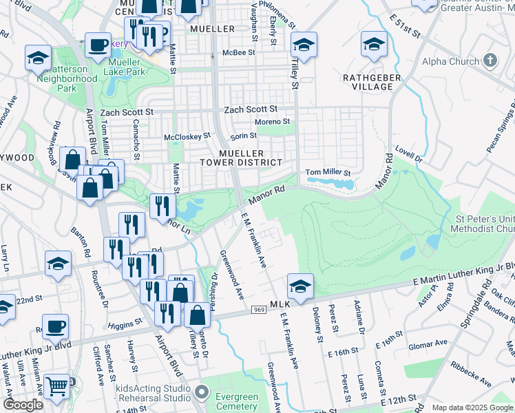 map of restaurants, bars, coffee shops, grocery stores, and more near 4305 Manor Road in Austin