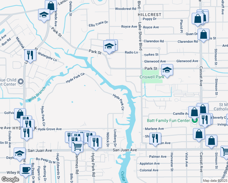 map of restaurants, bars, coffee shops, grocery stores, and more near 5659 Hyde Park Circle in Jacksonville