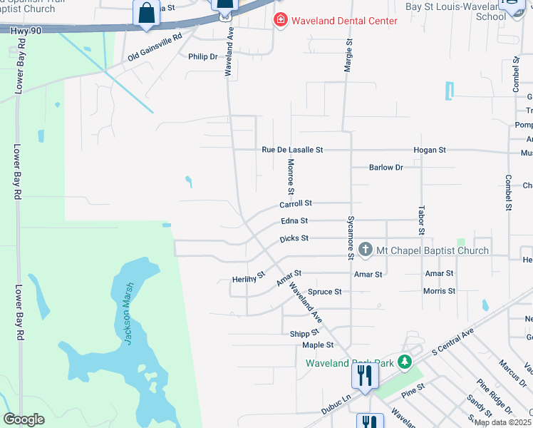 map of restaurants, bars, coffee shops, grocery stores, and more near 1043 Carroll Street in Waveland