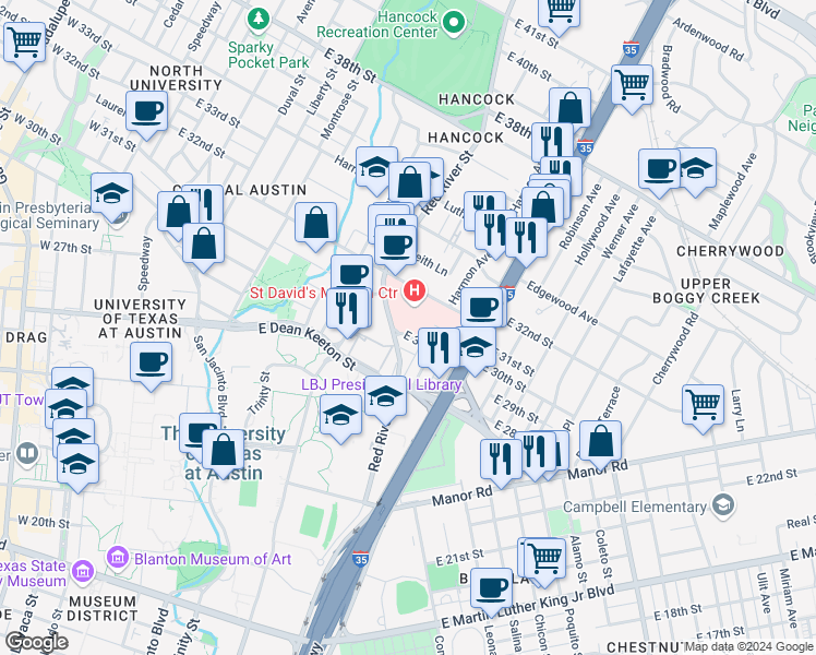 map of restaurants, bars, coffee shops, grocery stores, and more near 900 East 30th Street in Austin