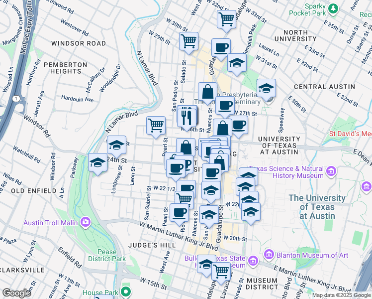 map of restaurants, bars, coffee shops, grocery stores, and more near 2500 Rio Grande Street in Austin