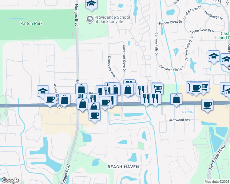 map of restaurants, bars, coffee shops, grocery stores, and more near 13801 Beach Blvd in Jacksonville