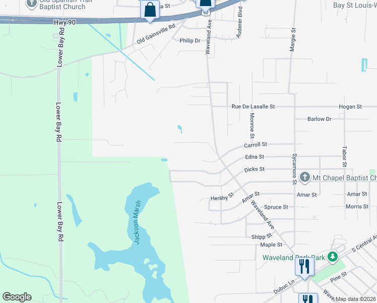 map of restaurants, bars, coffee shops, grocery stores, and more near 1221 Donlard Street in Waveland