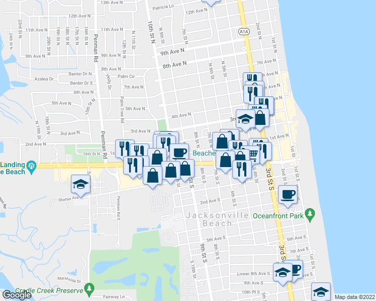 map of restaurants, bars, coffee shops, grocery stores, and more near 212 North 9th Street in Jacksonville Beach