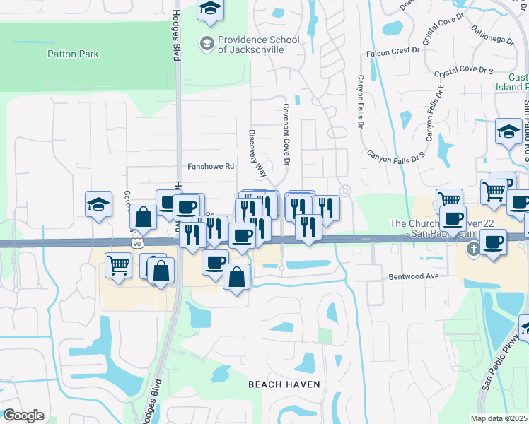 map of restaurants, bars, coffee shops, grocery stores, and more near 3210 Discovery Way in Jacksonville