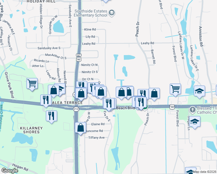 map of restaurants, bars, coffee shops, grocery stores, and more near 3106 Kline Road in Jacksonville