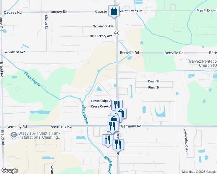map of restaurants, bars, coffee shops, grocery stores, and more near 15155-14B Louisiana 44 in Gonzales
