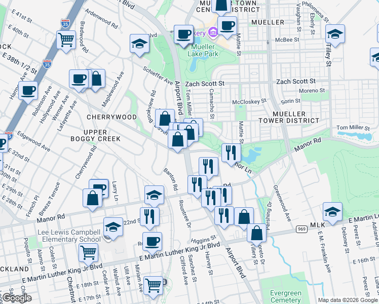 map of restaurants, bars, coffee shops, grocery stores, and more near 3851 Airport Boulevard in Austin